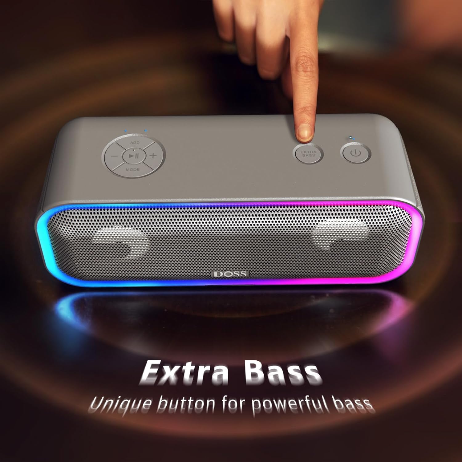 Soundbox Pro+ Bluetooth Speaker, Immersive 24W Stereo Sound with Booming Bass, IPX6 Waterproof, 15H Playtime, Mixed Colors Lights, Christmas and White Elephant Gift for Adults, Men, Women-Grey