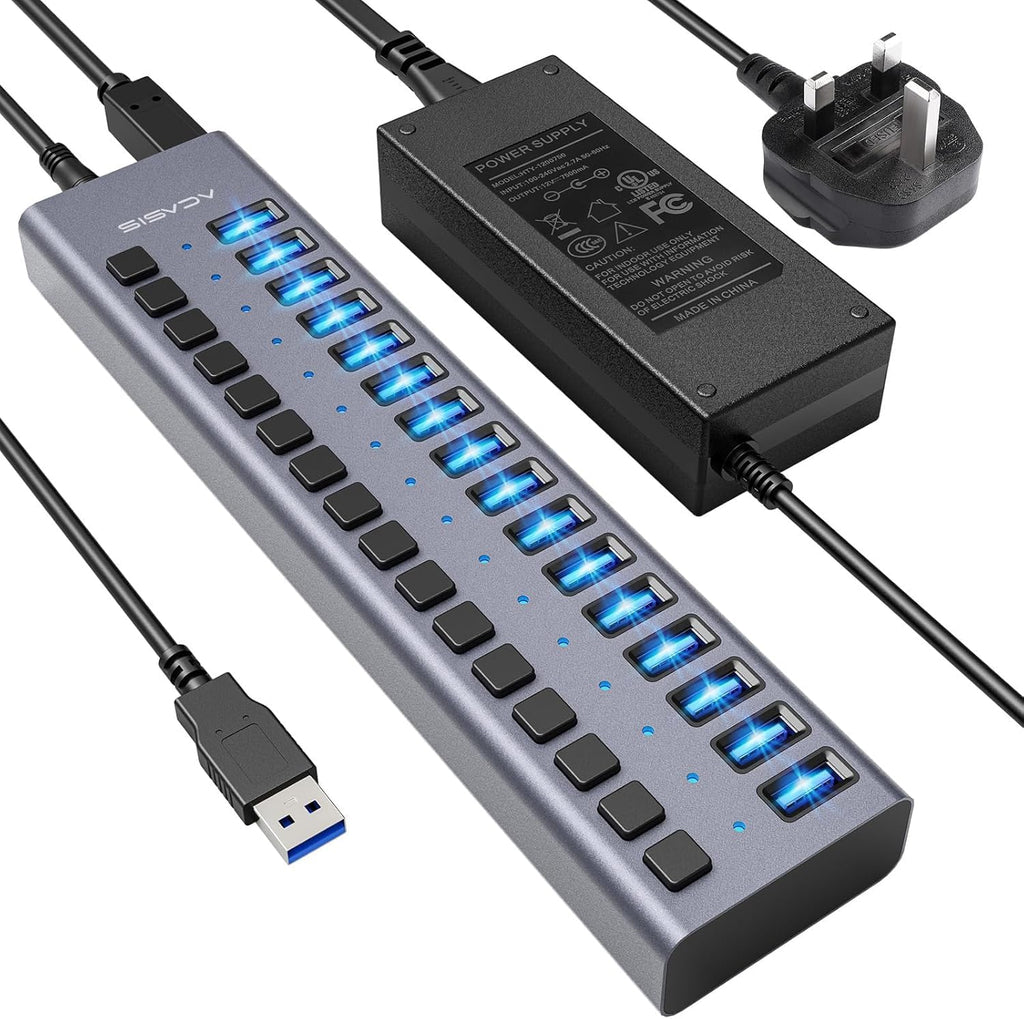 90W Powered USB Hub -  16 Ports USB 3.0 Data Port, Aluminum Housing, Individual On/Off Switches, 12V/7.5A Power Adapter, USB Splitter for Laptop, PC, Computer, Printer
