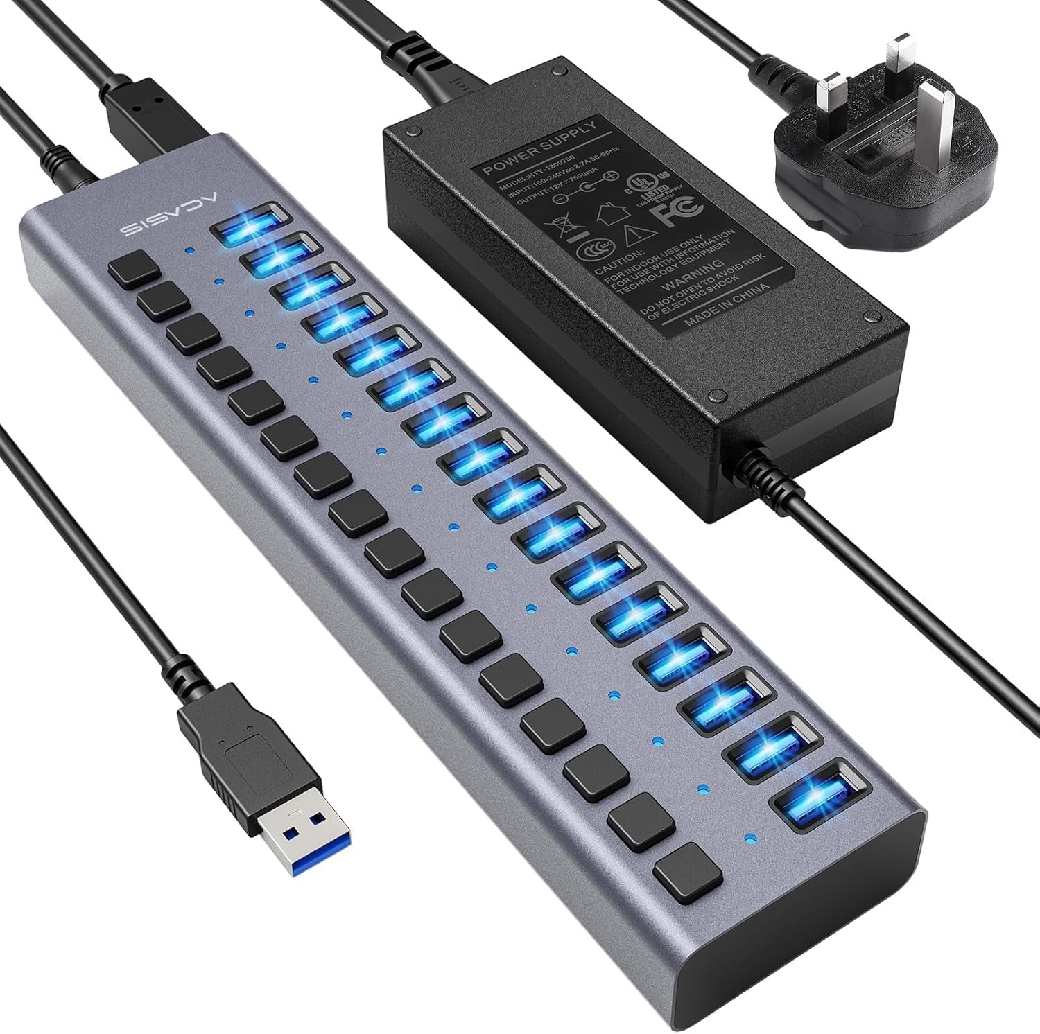 90W Powered USB Hub -  16 Ports USB 3.0 Data Port, Aluminum Housing, Individual On/Off Switches, 12V/7.5A Power Adapter, USB Splitter for Laptop, PC, Computer, Printer