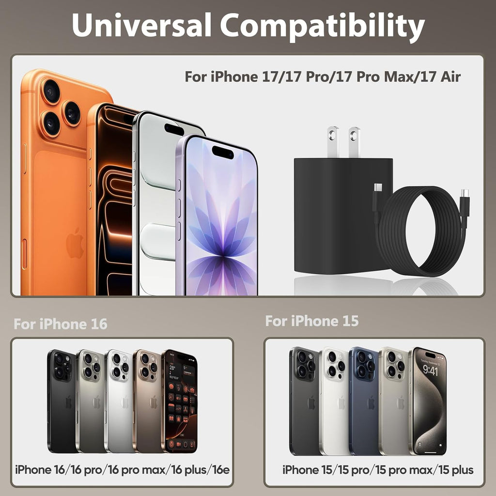 20W PD 3.0 USB C Fast Charger, 10FT Long Cable, Compatible with Phone 17/16/15 Pro Max/Air, Ipad Pro/Air/Mini 10Th Gen, Android