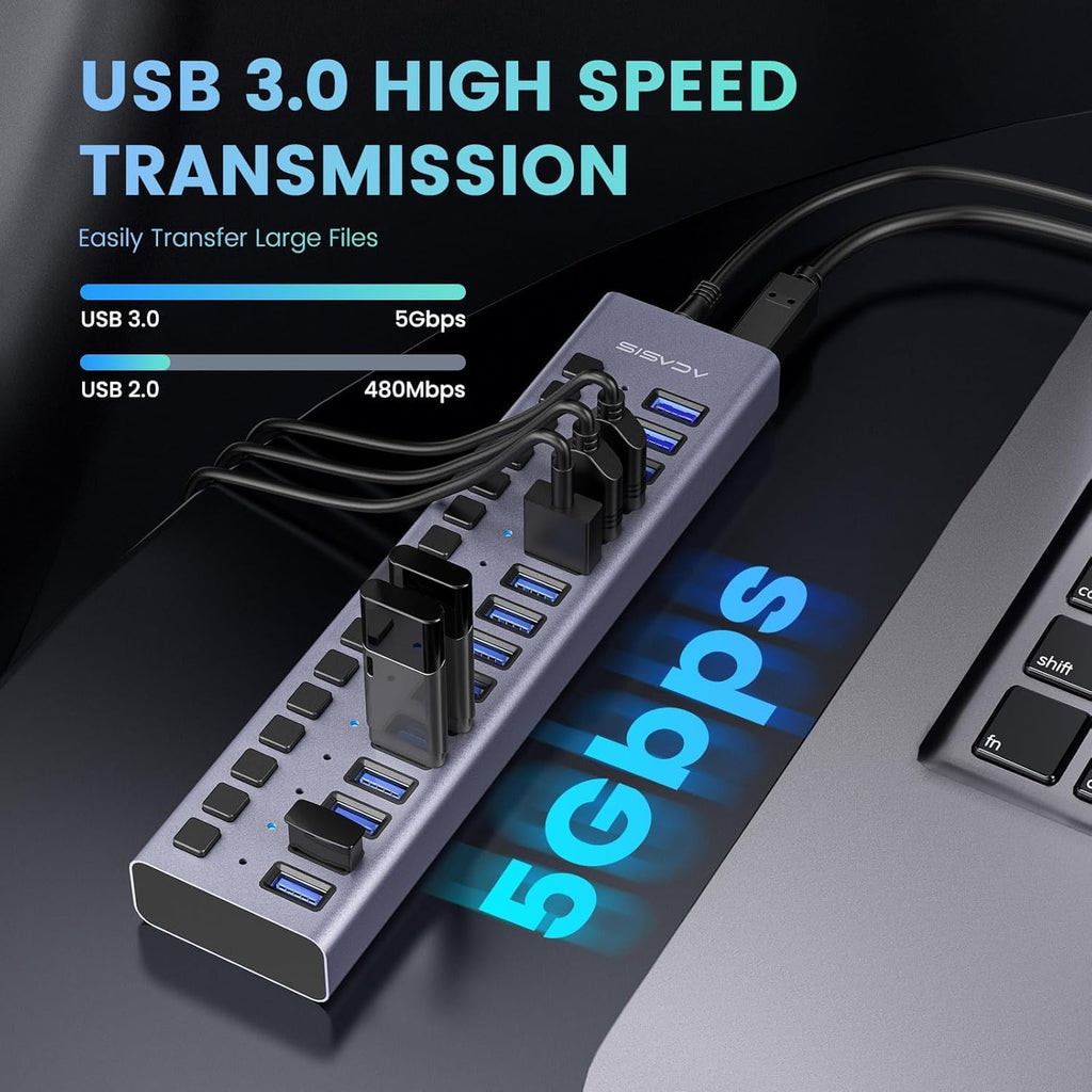 90W Powered USB Hub -  16 Ports USB 3.0 Data Port, Aluminum Housing, Individual On/Off Switches, 12V/7.5A Power Adapter, USB Splitter for Laptop, PC, Computer, Printer