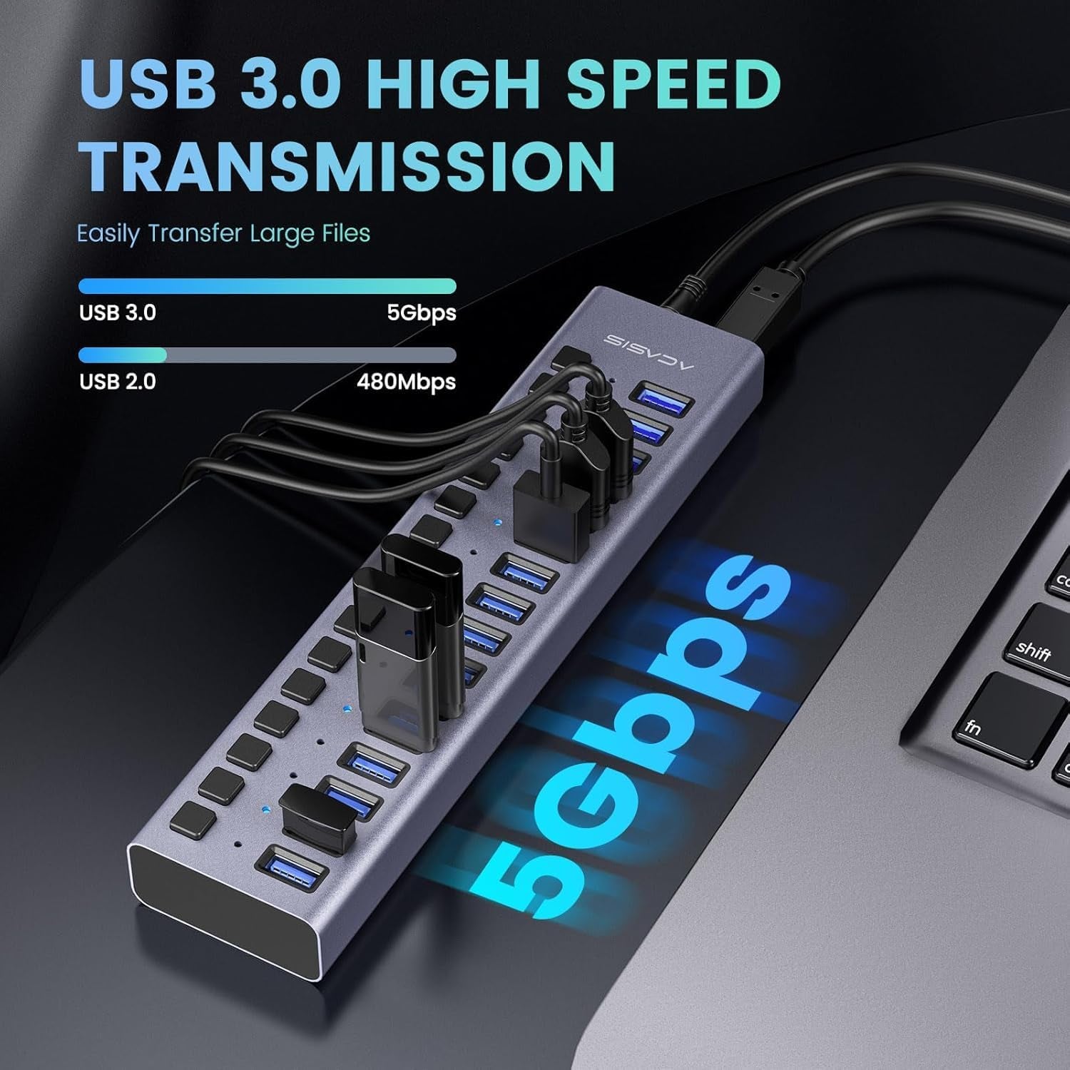 90W Powered USB Hub -  16 Ports USB 3.0 Data Port, Aluminum Housing, Individual On/Off Switches, 12V/7.5A Power Adapter, USB Splitter for Laptop, PC, Computer, Printer