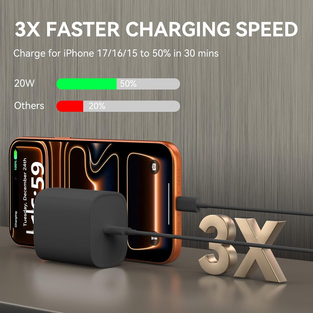 20W PD 3.0 USB C Fast Charger, 10FT Long Cable, Compatible with Phone 17/16/15 Pro Max/Air, Ipad Pro/Air/Mini 10Th Gen, Android