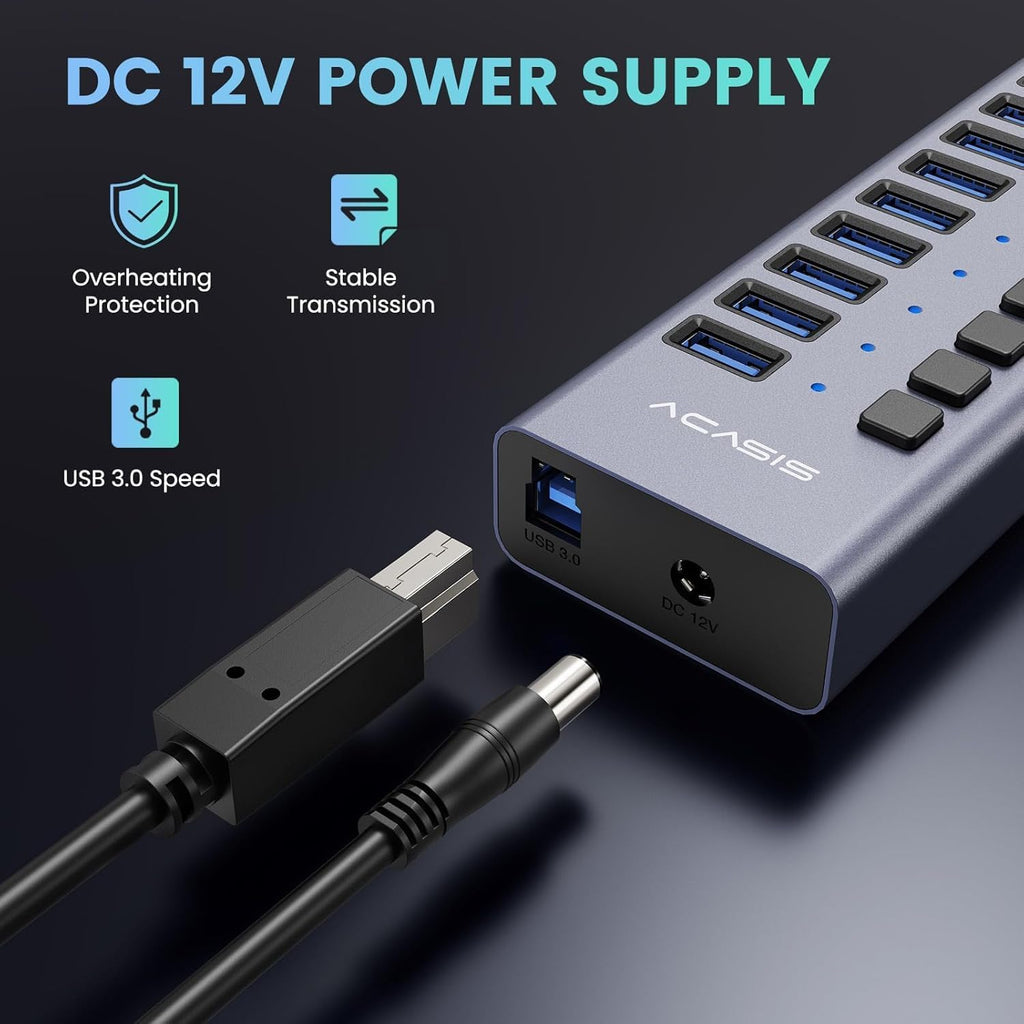 90W Powered USB Hub -  16 Ports USB 3.0 Data Port, Aluminum Housing, Individual On/Off Switches, 12V/7.5A Power Adapter, USB Splitter for Laptop, PC, Computer, Printer