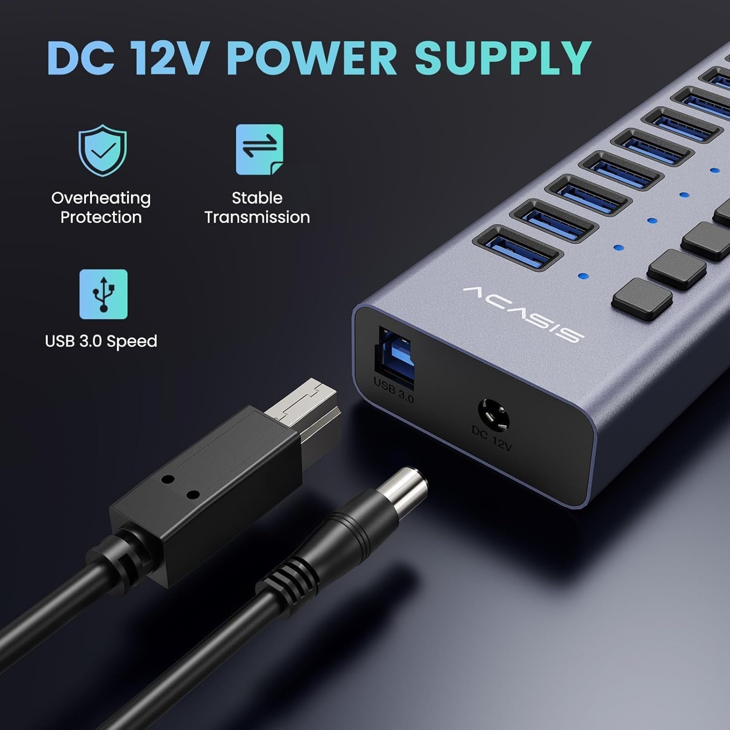 90W Powered USB Hub -  16 Ports USB 3.0 Data Port, Aluminum Housing, Individual On/Off Switches, 12V/7.5A Power Adapter, USB Splitter for Laptop, PC, Computer, Printer