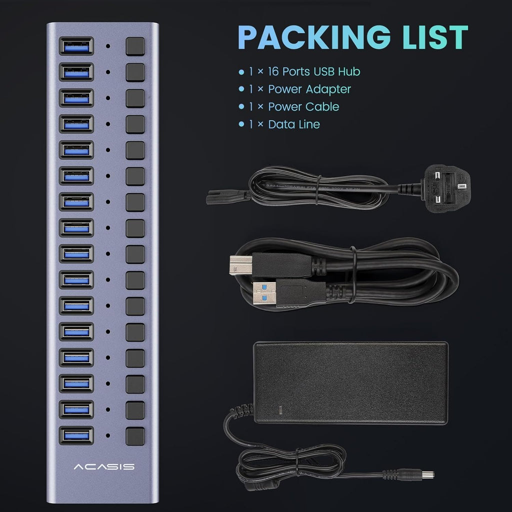 90W Powered USB Hub -  16 Ports USB 3.0 Data Port, Aluminum Housing, Individual On/Off Switches, 12V/7.5A Power Adapter, USB Splitter for Laptop, PC, Computer, Printer