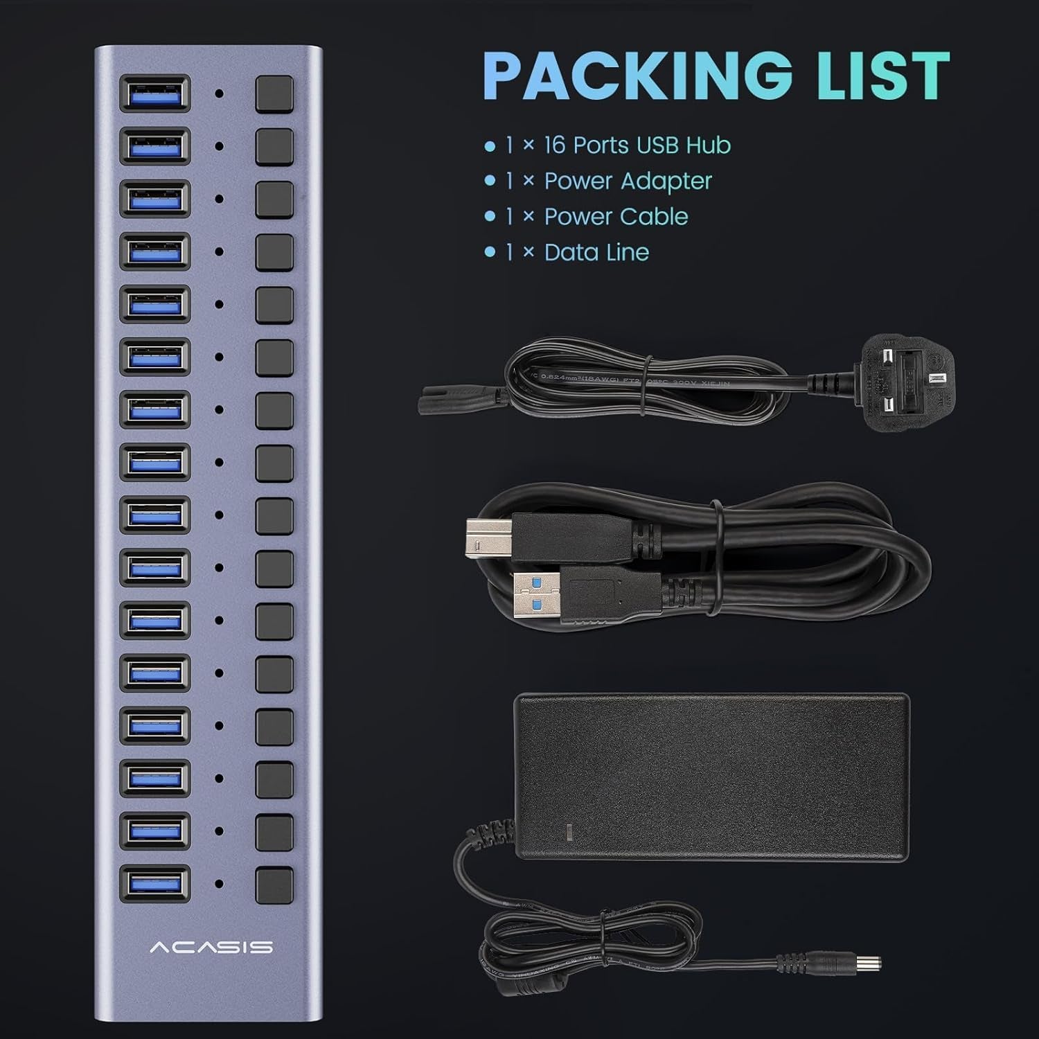 90W Powered USB Hub -  16 Ports USB 3.0 Data Port, Aluminum Housing, Individual On/Off Switches, 12V/7.5A Power Adapter, USB Splitter for Laptop, PC, Computer, Printer