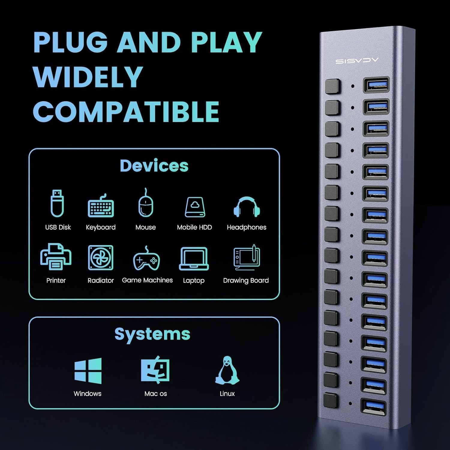90W Powered USB Hub -  16 Ports USB 3.0 Data Port, Aluminum Housing, Individual On/Off Switches, 12V/7.5A Power Adapter, USB Splitter for Laptop, PC, Computer, Printer