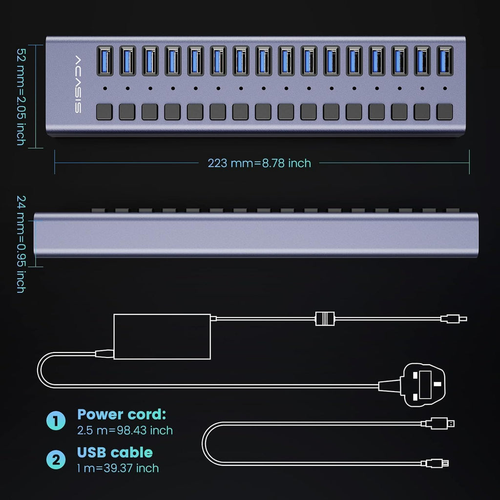 90W Powered USB Hub -  16 Ports USB 3.0 Data Port, Aluminum Housing, Individual On/Off Switches, 12V/7.5A Power Adapter, USB Splitter for Laptop, PC, Computer, Printer