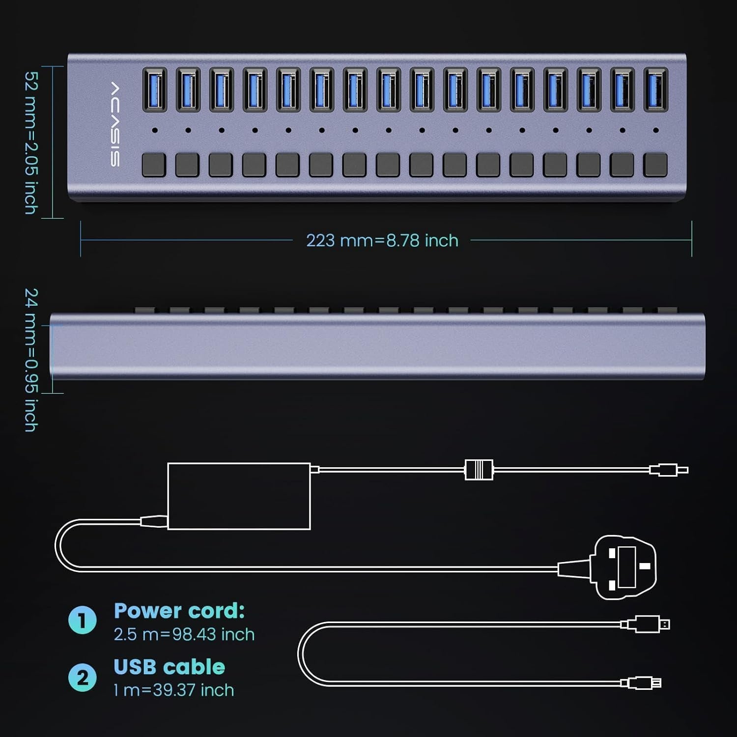 90W Powered USB Hub -  16 Ports USB 3.0 Data Port, Aluminum Housing, Individual On/Off Switches, 12V/7.5A Power Adapter, USB Splitter for Laptop, PC, Computer, Printer