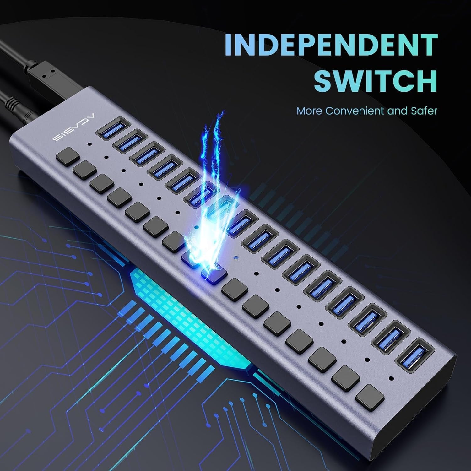 90W Powered USB Hub -  16 Ports USB 3.0 Data Port, Aluminum Housing, Individual On/Off Switches, 12V/7.5A Power Adapter, USB Splitter for Laptop, PC, Computer, Printer