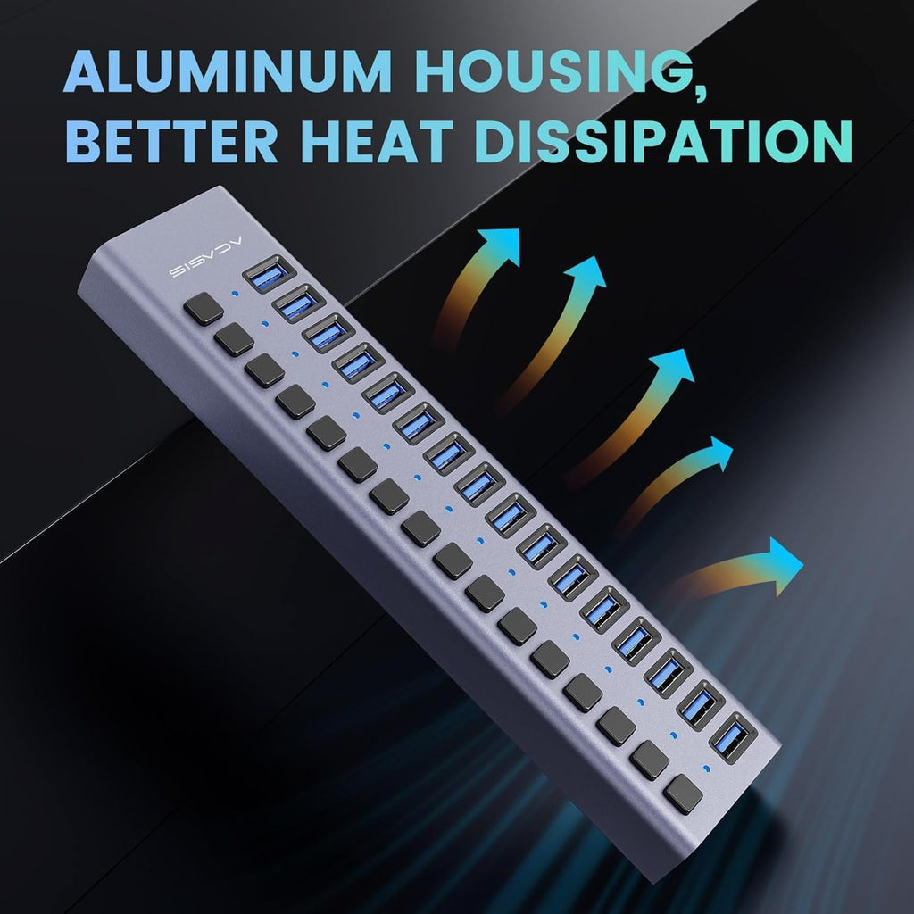 90W Powered USB Hub -  16 Ports USB 3.0 Data Port, Aluminum Housing, Individual On/Off Switches, 12V/7.5A Power Adapter, USB Splitter for Laptop, PC, Computer, Printer