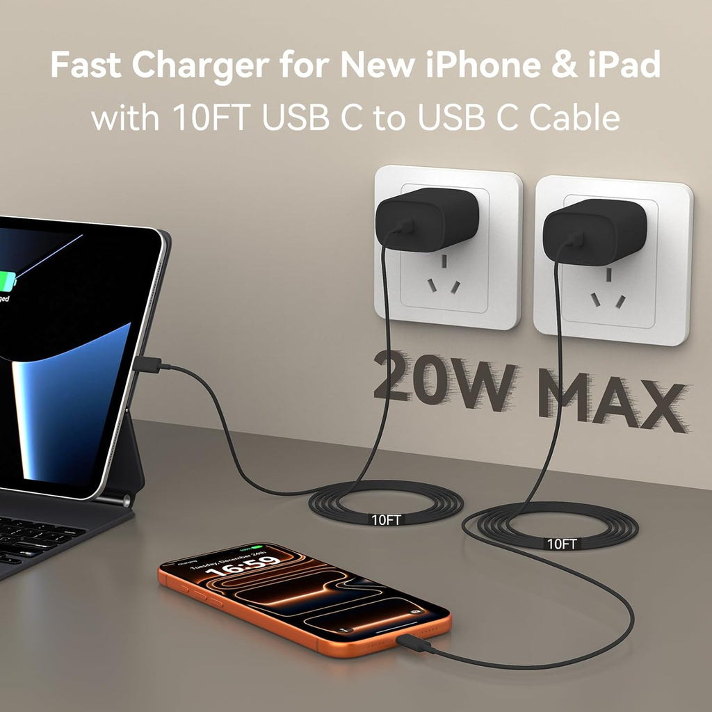 20W PD 3.0 USB C Fast Charger, 10FT Long Cable, Compatible with Phone 17/16/15 Pro Max/Air, Ipad Pro/Air/Mini 10Th Gen, Android