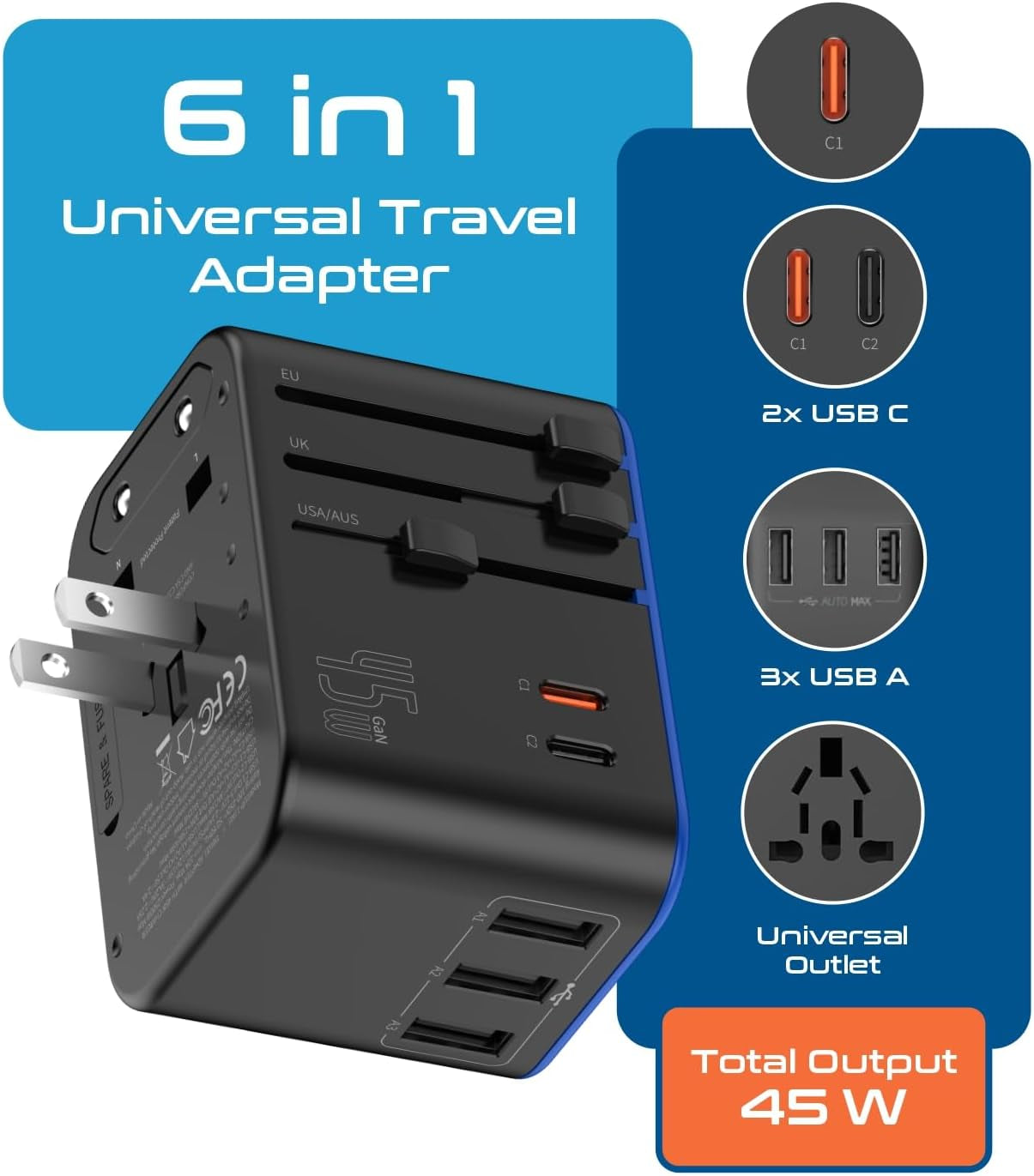 Universal Travel Adapter, 45W International Power Adapter with PD & QC 3.0 Dual USB-C, 3 USB Travel Adapter Worldwide, Type I C G a Outlets 110V 220V A/C - EU Euro US UK (11-KU)