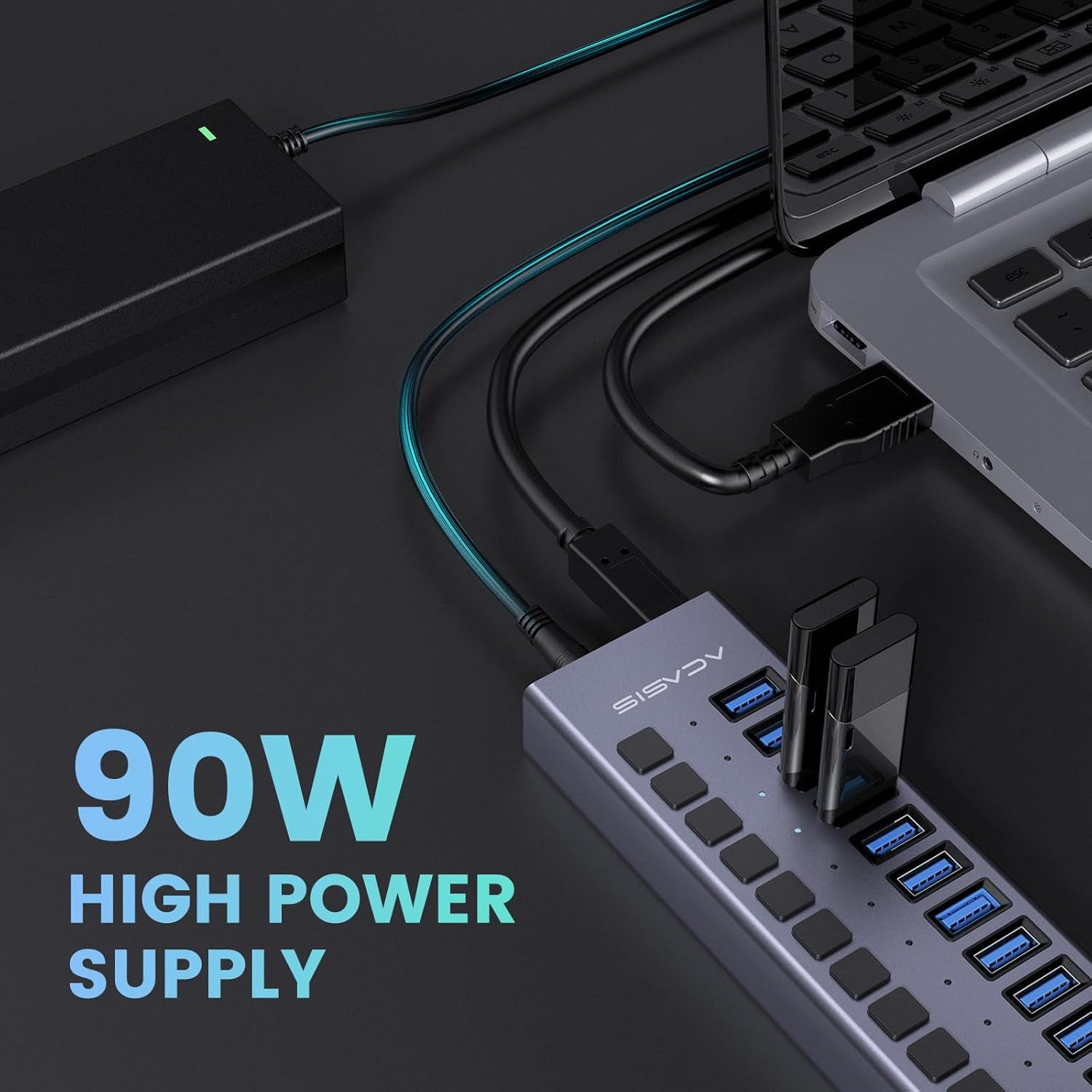 90W Powered USB Hub -  16 Ports USB 3.0 Data Port, Aluminum Housing, Individual On/Off Switches, 12V/7.5A Power Adapter, USB Splitter for Laptop, PC, Computer, Printer